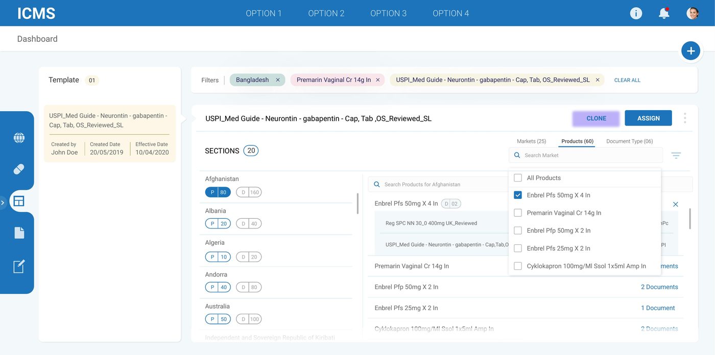 Assign template across markets with country checkboxes