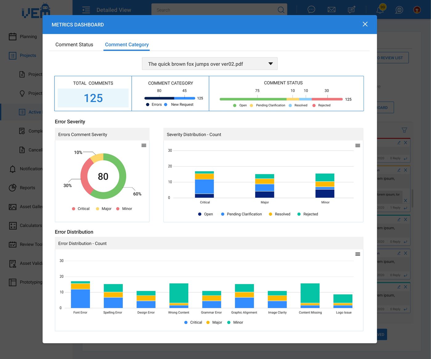 VEM metrics dashboard with comment and error analytics