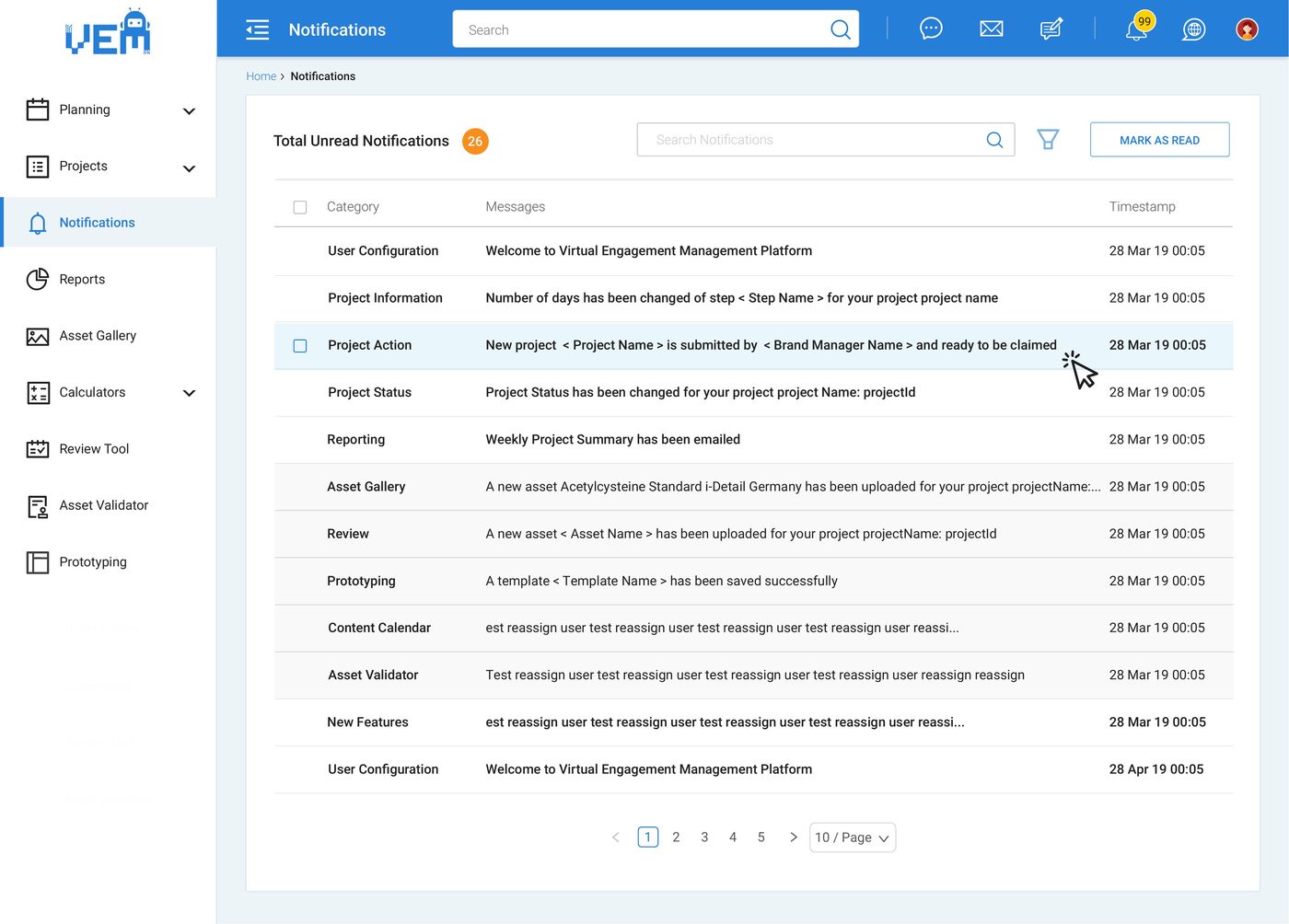 VEM notifications list